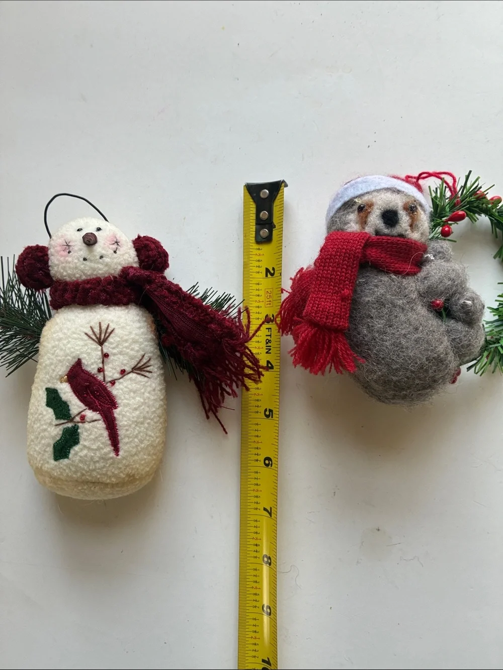 Vintage Handmade Holiday Felt Snowman and Wool Bear Ornaments Set of 2